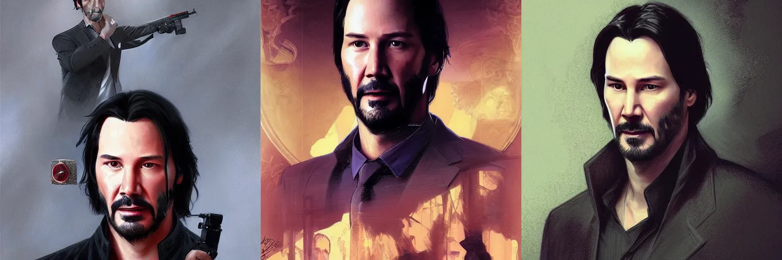 Prompt: portrait of Keanu Reeves as a detective, highly detailed, digital painting, artstation, concept art, sharp focus, illustration, art by artgerm and greg rutkowski and alphonse mucha