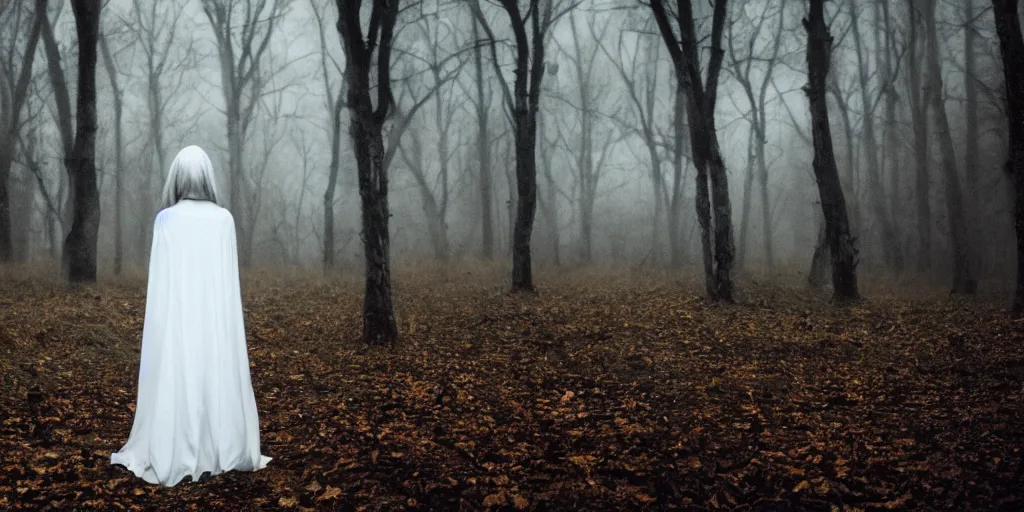 Prompt: a white female ghost in a dark forest, autumn, 35mm, cinematic, mist, photorealistic, depth of field, gloomy