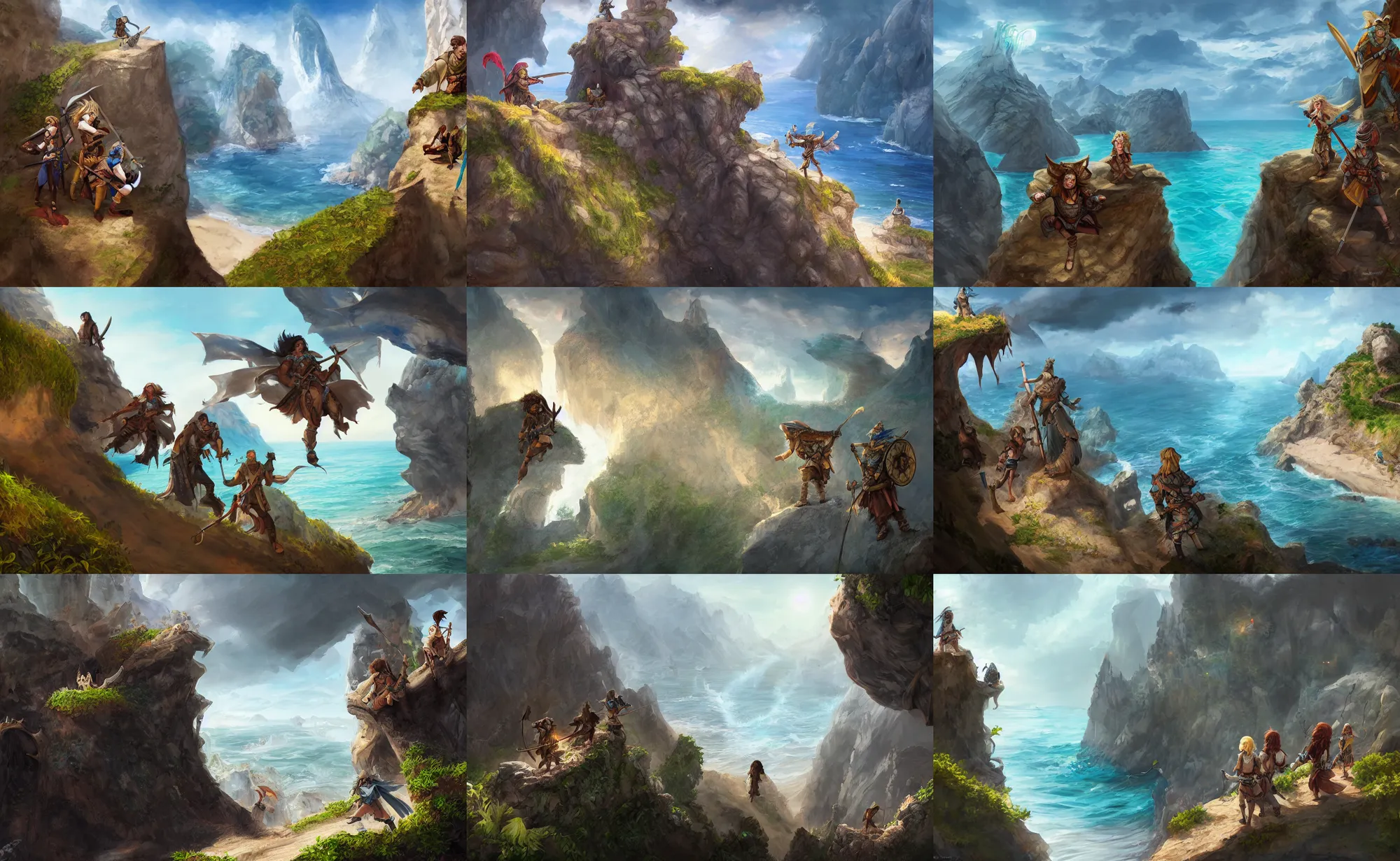Prompt: three dnd adventurers hiding on a cliff over a beach, sunny, fantasy art, concept art, digital art, epic, 4 k