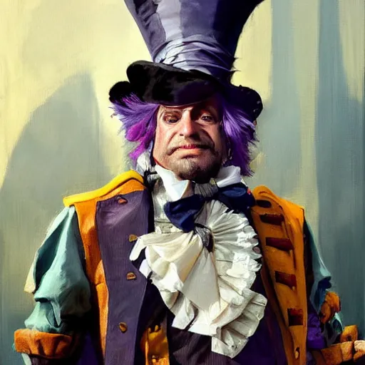 Image similar to greg manchess portrait painting of partially armored mad hatter from alice in wonderland as overwatch character, wacky, medium shot, asymmetrical, profile picture, organic painting, sunny day, matte painting, bold shapes, hard edges, street art, trending on artstation, by huang guangjian and gil elvgren and jesper ejsing