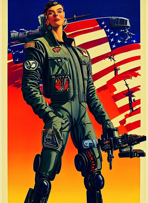 Image similar to american propaganda poster. cyberpunk pilot in military vest and tactical jumpsuit. portrait by jean giraud and anton otto fischer and john philip falter and will eisner and gil elvgren and pixar. realistic proportions. character art. science fiction d & d. overwatch, rb 6 s, cyberpunk 2 0 7 7, blade runner 2 0 4 9.