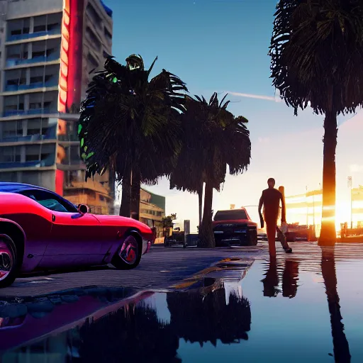 Image similar to still next - gen ps 5 game grand theft auto v 2 0 2 4 remaster, graphics mods, rain, red sunset, people, rtx reflections, gta v, miami, palms and miami buildings, screenshot, unreal engine, 4 k, 5 0 mm bokeh, close - up dodge challenger, gta vice city remastered, artstation