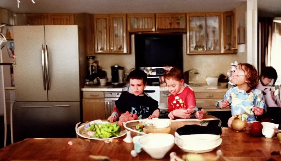 Prompt: 1990s candid 35mm photo of a beautiful day in the family kitchen , cinematic lighting, cinematic look, golden hour, Kirby is sucking up the family sofa, kids are crying, UHD