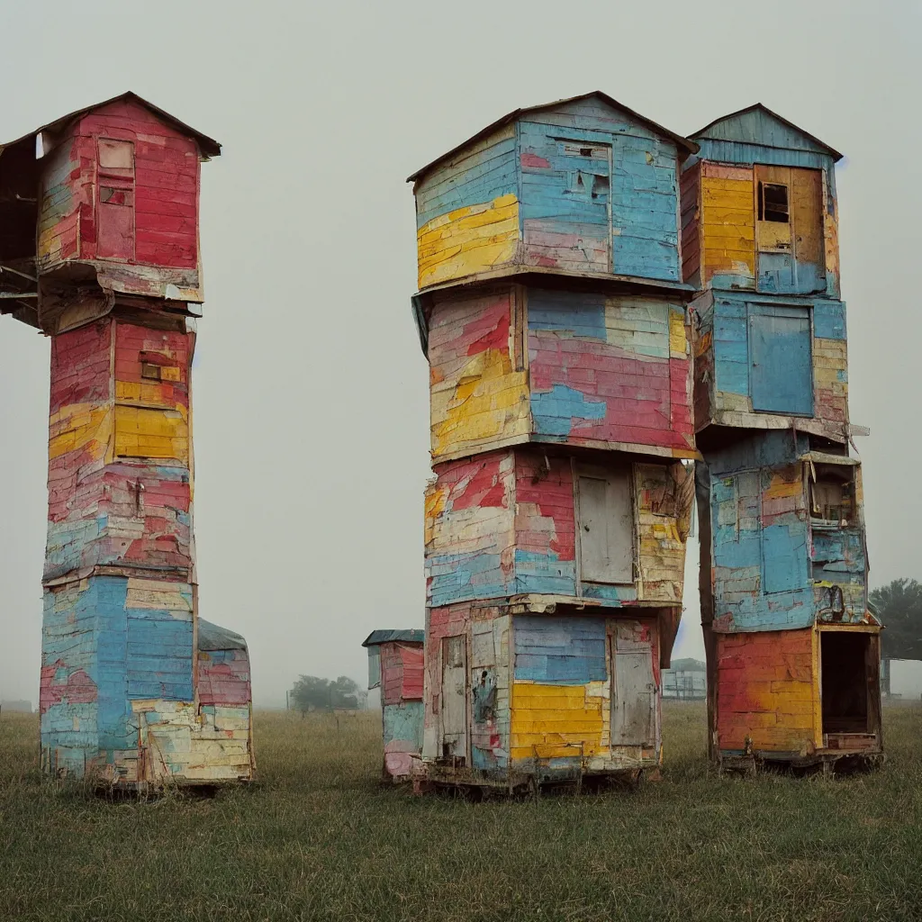 Image similar to two towers, made up of colourful stacked makeshift squatter shacks, bleached colours, plain uniform sky at the back, misty, mamiya, f 1. 8, ultra sharp, very detailed, photographed by julie blackmon