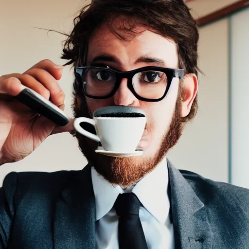 Prompt: photo of Llama in an office, wearing a suit and spectacles, looking at a computer, coffee mug, 50mm, beautiful photo