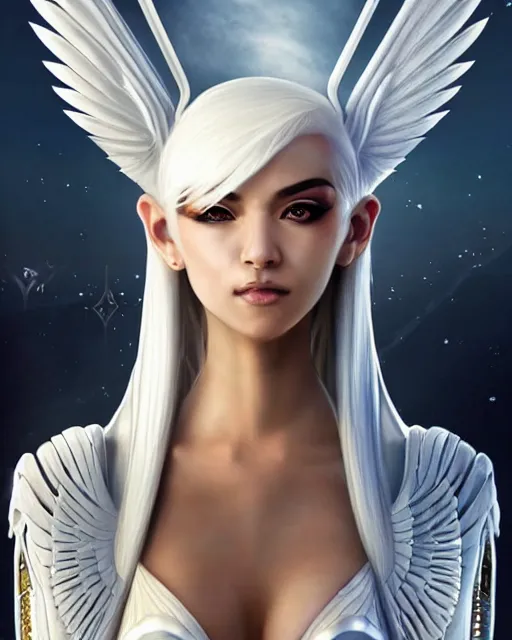 Image similar to perfect white haired egyptian goddess wearing white dove wings, warframe armor, regal, attractive, ornate, sultry, beautiful, dreamy, half asian, pretty face, blue eyes, detailed, scifi platform, 4 k, ultra realistic, epic lighting, android body, illuminated, cinematic, masterpiece, art by akihito tsukushi, voidstar, artgerm