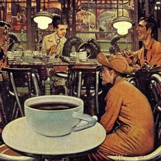 Image similar to aliens having a cup of coffee on at cafe in paris by norman rockwell