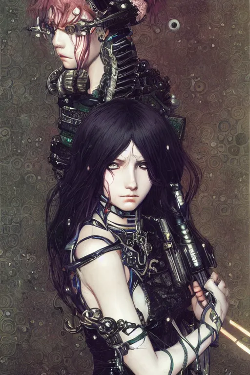 Image similar to portrait of beautiful young gothic maiden, cyberpunk, Warhammer, highly detailed, artstation, illustration, art by Gustav Klimt and Range Murata and Ilya Kuvshinov and Sakimichan