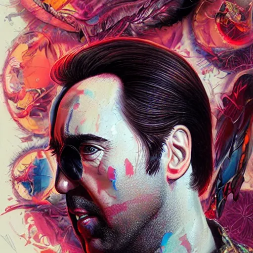 Image similar to beautiful portrait of Nic Cage by Tristan Eaton and Stanley Artgerm and Tom Bagshaw, Greg Rutkowski Carne_Griffiths