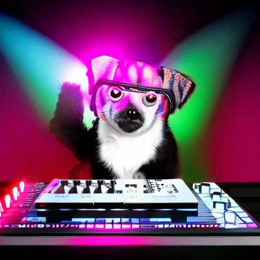 Image similar to puppy as a DJ, 8k, volumetric lighting, hyper realistic