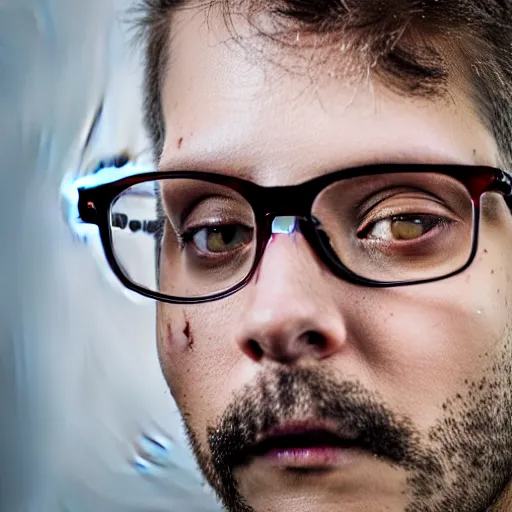 Prompt: portrait of zombie man wearing prescription glasses, with short hair, photorealistic, 5 0 mm bokeh