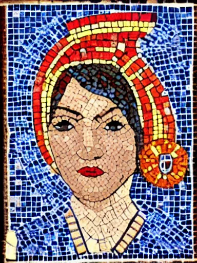 Prompt: a tile mosaic of a turkish woman made from beautiful turkish tile patterns