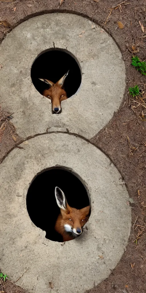 Image similar to a fox is hidden inside a manhole trying to jump out meanwhile a curious goat is looking at him from the exterior, 4k photography flash