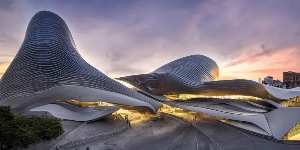 Image similar to extremely elegant smooth detailed stunning sophisticated beautiful elegant futuristic museum exterior by Zaha Hadid, Milan buildings in the background, smooth curvilinear design, stunning volumetric light, stainless steal, concrete, translucent material, beautiful sunset, tail lights