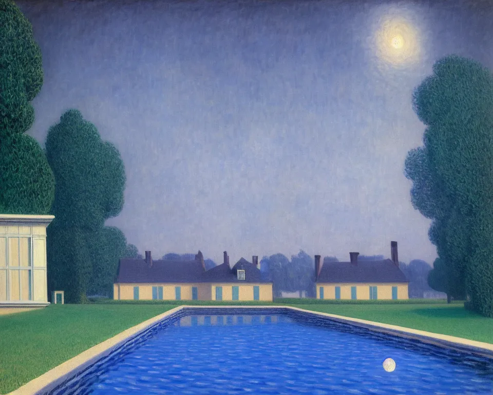 Image similar to achingly beautiful painting of a sophisticated, well - decorated, modern pool house at night by rene magritte, monet, and turner.