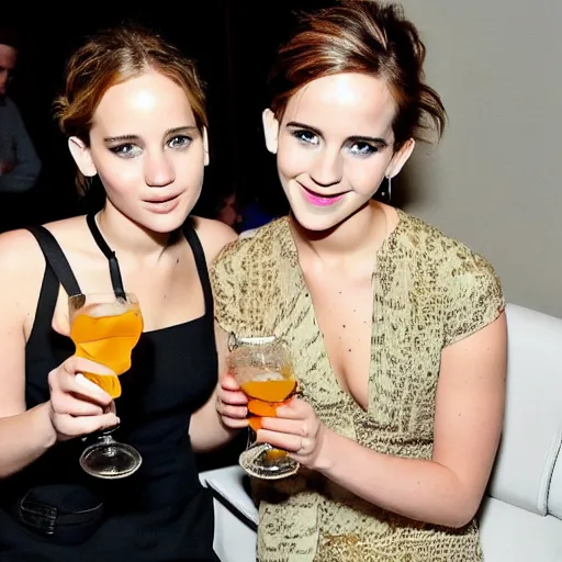 Image similar to Jennifer Lawrence drinking a pastis with Emma Watson
