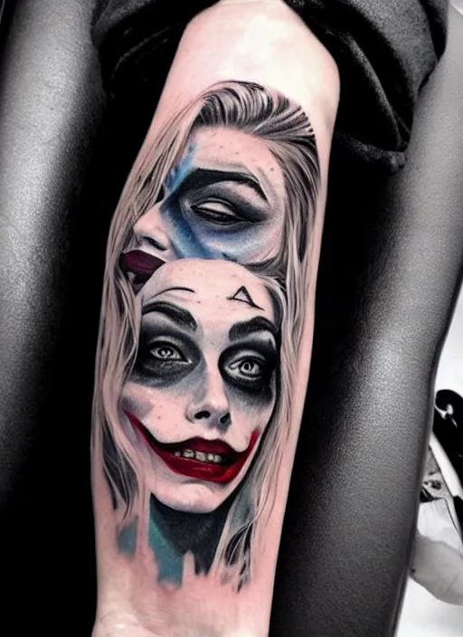 Prompt: tattoo design of margot robbie with joker makeup, ace card, in the style of da ink, realistic face, black and white, realism tattoo, hyper realistic, highly detailed