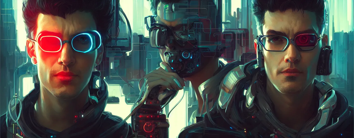 Image similar to Hacker cyberpunk man portrait, highly detailed, digital painting, artstation, concept art, smooth, sharp focus, illustration, art by artgerm and greg rutkowski and alphonse mucha