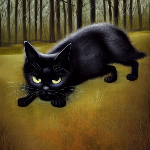 Image similar to a black cat looking curiously, there is a forest in the background, texture, intricate, details, highly detailed, masterpiece, architecture, building, trending on artstation, focus, sharp focus, concept art, digital painting, fantasy, sunny, day, midday