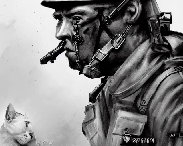 Image similar to A soldier with a hateful face aiming a machine gun towards a cat, world war 1, close-up, realistic face, beautiful face detail, mature facial features, black and white, amazing digital art, hyper detailed, artstation, in the style of Tony Sart