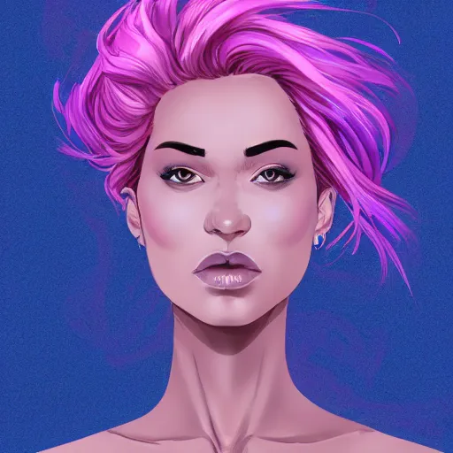 Prompt: a stunning upper body portrait of a beautiful woman with purple pink hair blowing in the wind by marvel comics, digital art, trending on artstation