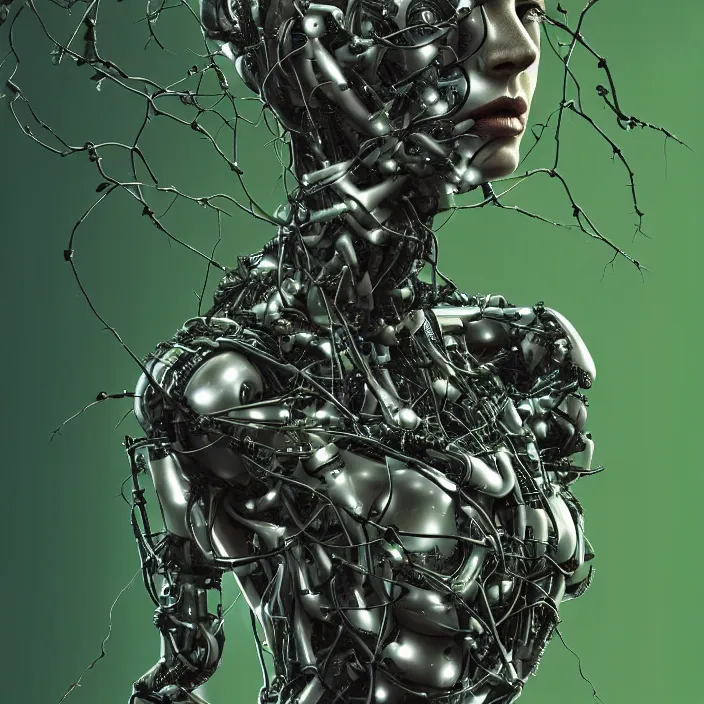 Prompt: female cyborg robot, artificial intelligence, portrait, entwined in vines, branches and ivy, dark forest theme, sci - fi, highly detailed, elegant, hyper - realistic