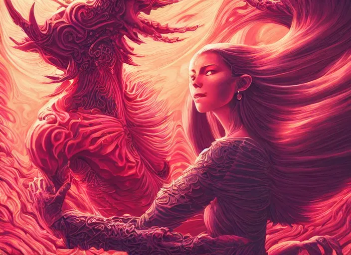 Prompt: woman loves demon, sit upon a scarlet coloured beast, pain, light effect, hyper detailed, intricate, elegant, highly detailed, digital painting, artstation, concept art, matte, sharp focus, illustration, by dan mumford, yusuke murata, makoto shinkai, ross tran