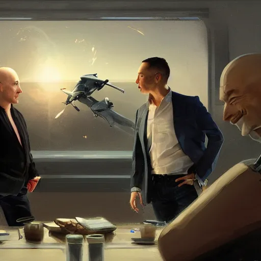 Image similar to illustration of a meeting between elon musk, mark zuckenberg, jeff bezos, very clear face, high quality, very detailled, by artgem, greg rutkowski, ruan jia