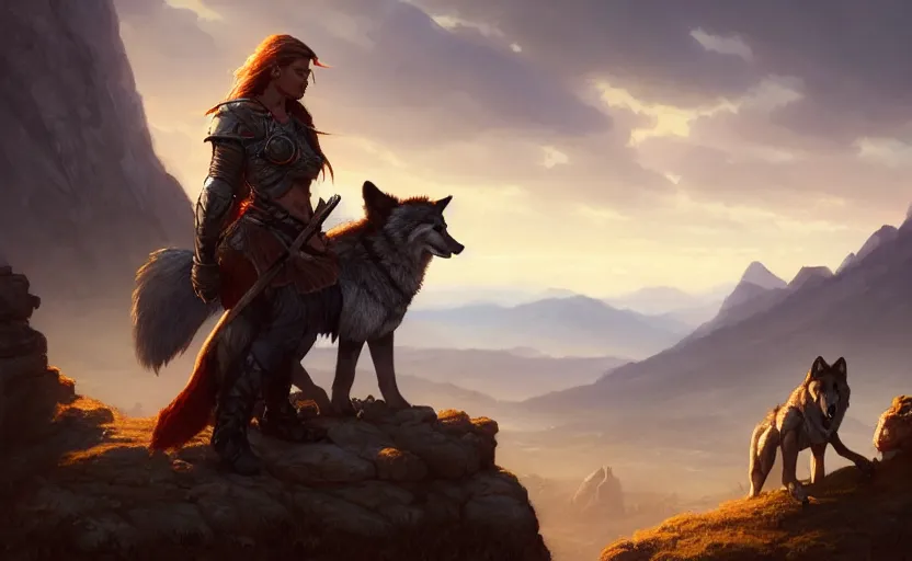 Image similar to a warrior resting axe on her shoulder standing next to a wolf, female, looking onto the horizon, fall, mountain landscape, portrait by magali villeneuve and ames jean and artgerm and greg rutkowski, 4 k, artstation, realistic, cinematic composition, d & d