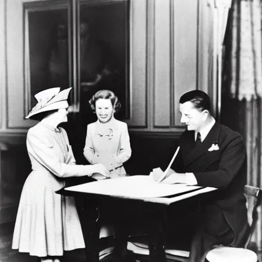 Image similar to 5 0 mm 1 9 4 6 historical photo, of a single general and a young queen elizabeth signing a peace treaty, a cute corgi watches from above, french village interior, highly detailed, sharp focus, symmetrical face