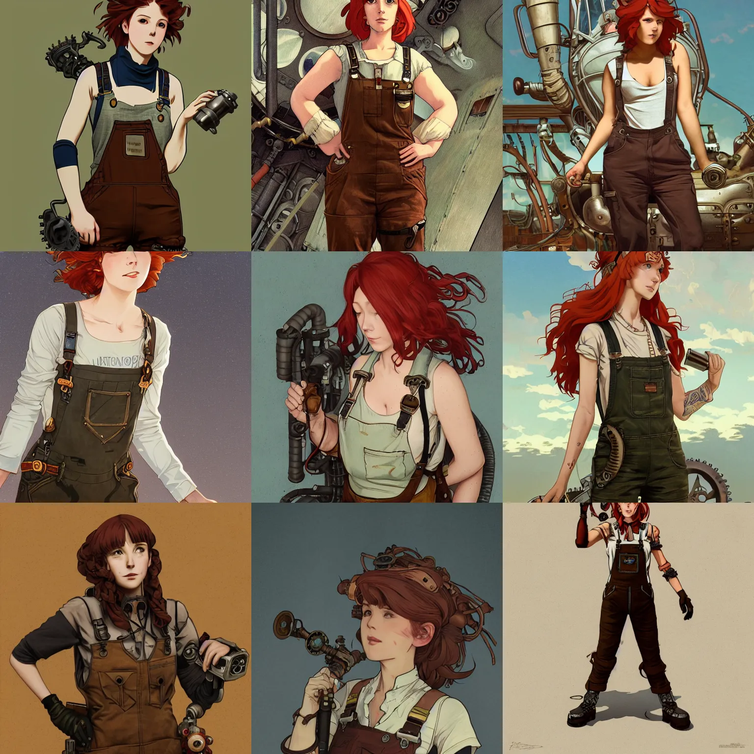 Prompt: Portrait of an airship mechanic wearing a tank top and dungarees, steampunk, redhead, prosthetic arm, highly detailed, artstation, digital illustration, concept art, by Kyoto Animation and Studio Ghibli, by WLOP and Alphonse Mucha