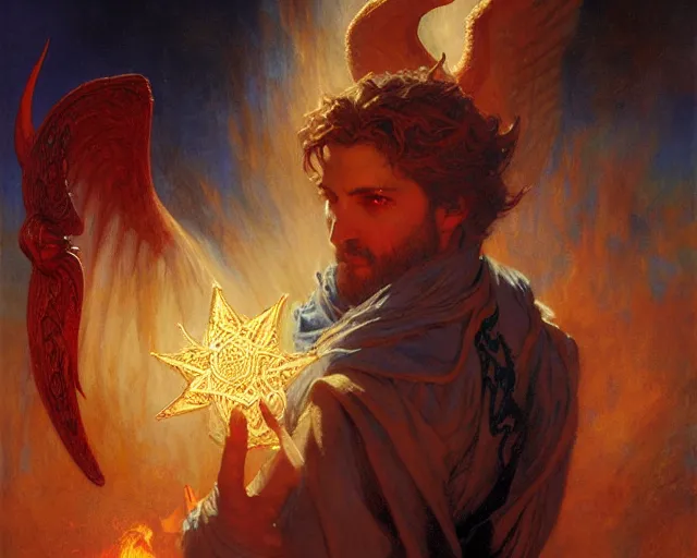 Image similar to attractive male deity, casting demonic magic, summoning handsome lucifer morning star. highly detailed painting by gaston bussiere, craig mullins, j. c. leyendecker 8 k