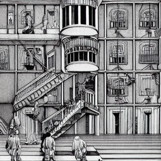 Image similar to a flood of slime in a bright white hallway with many doors and many stairs, Mc Escher architecture, epic composition, by Junji Ito