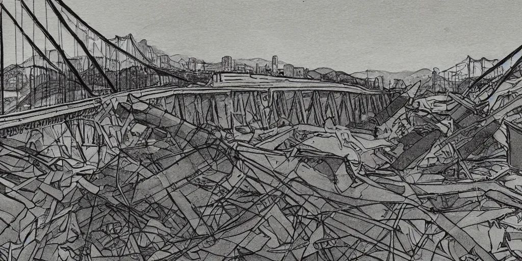 Image similar to collapsed san francisco bridge, childrens drawing