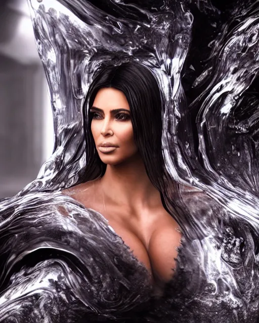 Image similar to epic still of kim kardashian trapped in a transparent alien liquid, wet flowing hair, gooey skin, illustration, unreal engine 5, 8 k, made by h. r. giger.