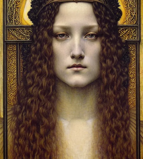 Image similar to detailed realistic beautiful young medieval queen face portrait by jean delville, gustave dore and marco mazzoni, art nouveau, symbolist, visionary, gothic, pre - raphaelite. horizontal symmetry