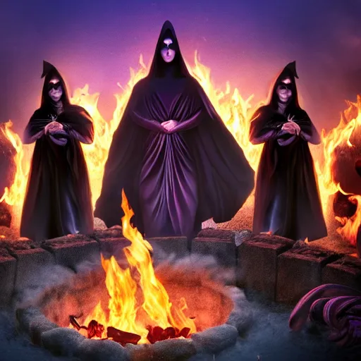 Prompt: a cult of black cloak wearing kittens summon a evil goddess from the depths of a raging fire pit. Flames are emerging from fissures in the ground.