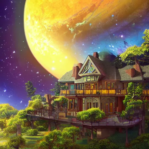 Image similar to fancy treehouse style mansion on saturn with view overlooking planet rings and space galaxy nebula background, luminescent detailed oil painting 4 k