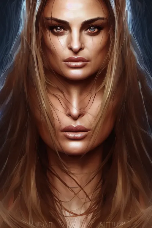 Image similar to symmetry!! high quality portrait of a woman who resembles carmen electra!! mixed with natalie portman in the style of god of war, machine parts embedded into face, intricate, elegant, highly detailed, digital painting, artstation, concept art, smooth, sharp focus, illustration, art by artgerm and greg rutkowski and alphonse mucha, 8 k