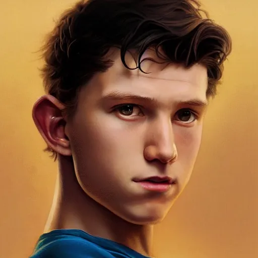 Prompt: Young tom holland, highly detailed, digital painting, artstation, concept art, smooth, sharp focus, illustration, ArtStation, art by artgerm and greg rutkowski and alphonse mucha and J. C. Leyendecker and Edmund Blair Leighton and Katsuhiro Otomo and Geof Darrow and Phil hale and Ashley wood and Ilya repin and Charlie Bowater