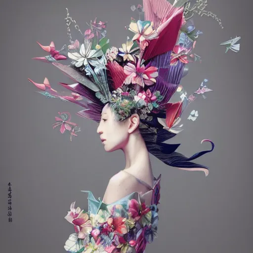 Image similar to 3 / 4 view of a beautiful girl wearing an origami dress, eye - level medium shot, fine floral ornaments in cloth and hair, hummingbirds, elegant, by eiko ishioka, givenchy, nobuyoshi araki, by peter mohrbacher, centered, fresh colors, origami, fashion, detailed illustration, vogue, japanese, reallusion character creator