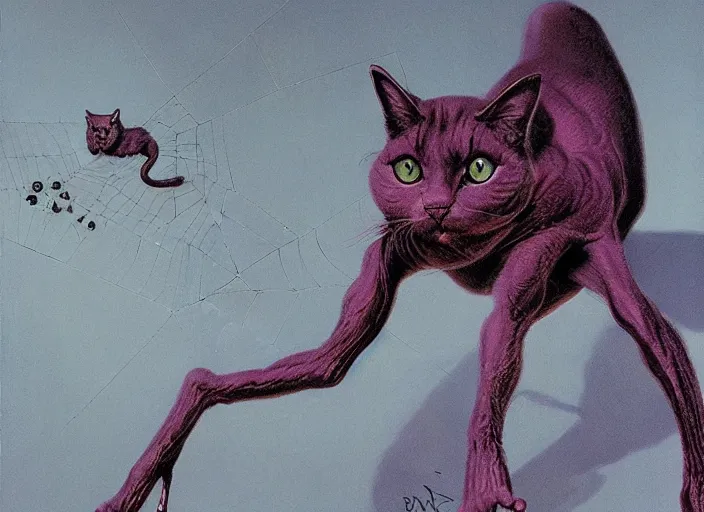 Prompt: a picture of an horrific cat that has spider! legs and eyes, art by wayne barlowe