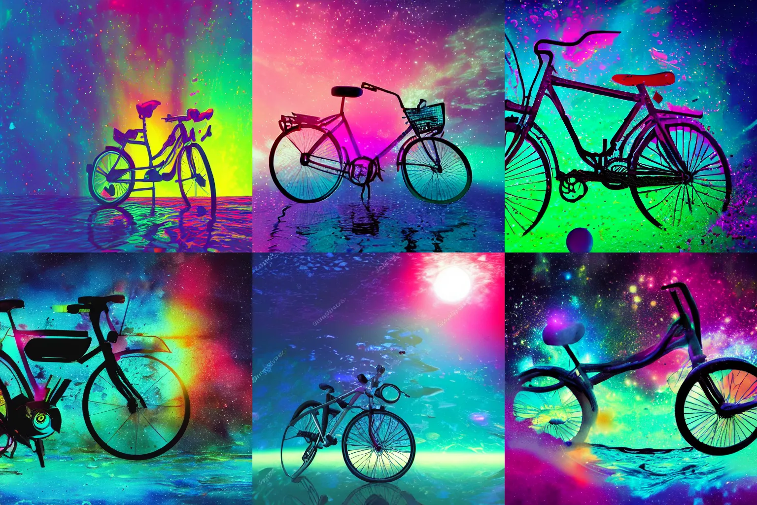 Prompt: broken bike submerged in colorful space like water, backlit, outer space, vaporwave