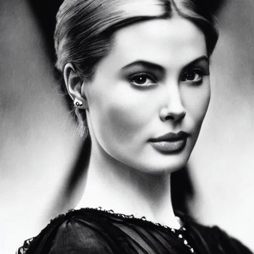 Prompt: victorian photograph of grace kelly, angelina jolie, 1 8 9 0 s photography, 1 9 0 0, realistic face, symmetrical face, detailed, grainy, edwardian, old photo