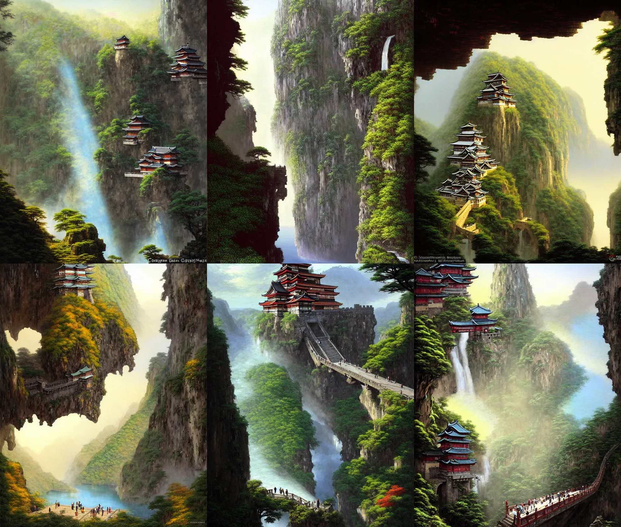 Prompt: establishing wide shot inside han son doong with waterfalls on either side of the cliff walls, at the top of the cliff is a japanese castle, a cloister is built into the cliff walls, an old suspension bridge spans the walls, sunny morning light, sunbeam, saturated colors, detailed concept art by greg rutkowski and gerald brom and canaletto and albert bierstadt