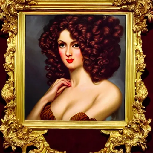 Prompt: woman with long curly hair, ultra detailed, beautiful eyes, by greg hildebrandt fancy rococo baroque oil painting high quality clothed in fancy garb in pin up style