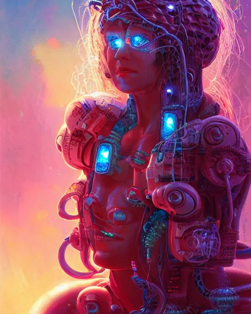 Prompt: a cyberpunk close up portrait of cyborg medusa, electricity, snakes in hair, sparks, bokeh, soft focus, skin tones, warm, blue, sunny sky, by paul lehr, jesper ejsing