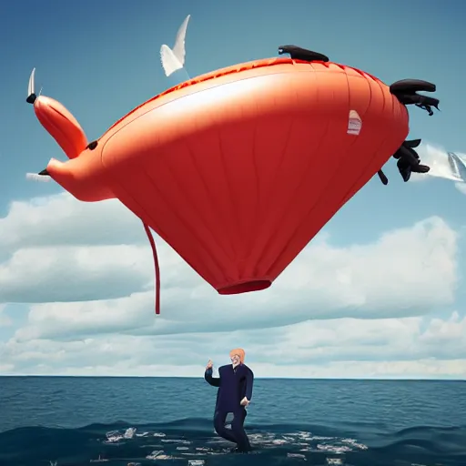 Image similar to donald trump flying in an inflatable boat, trending on artstation hq, taken by canon r 6, photorealistic