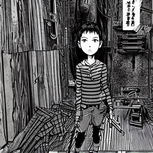 Image similar to close-up scene neighbor holding a drill and drilling holes in a room, all wall is drilled with holes, manga, professional manga artwork, very detailed, black and white manga horror in style of junji ito, kentaro miura, Tsutomu Nihei