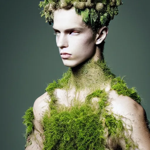 Image similar to a portrait of a beautiful young male wearing an alexander mcqueen armor made of moss , photographed by andrew thomas huang, artistic